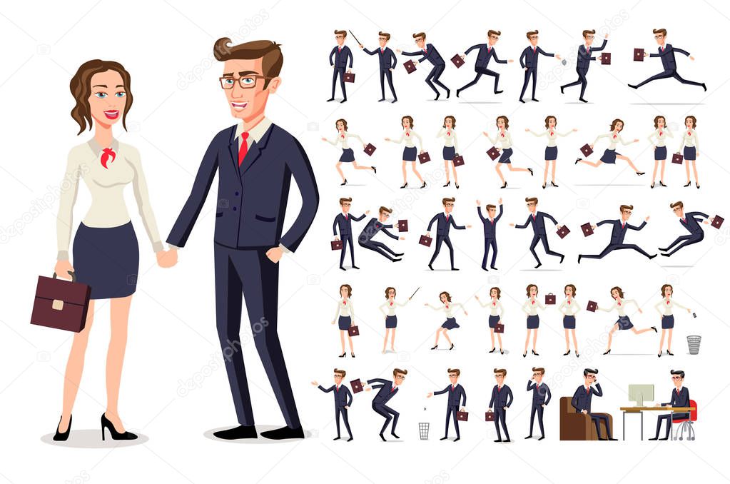 set girl and boy business people. woman in a white blouse, in various poses at work and Male man in dark suit and red tie at work in various poses isolated on a white background vector art