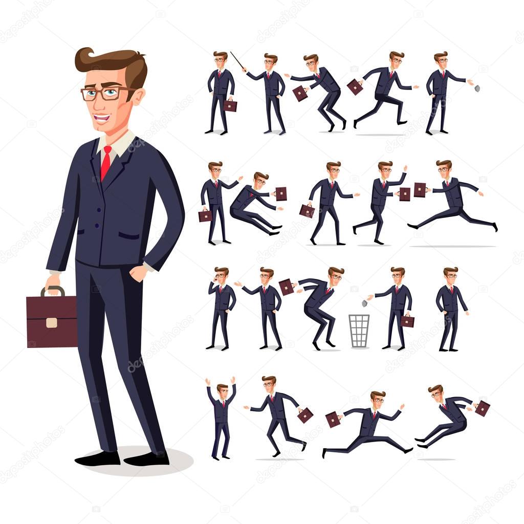 Male businessman in dark suit and red tie at work in various poses isolated on white background vector art