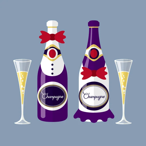 Vecteur Champagne de la bouteille de jeunes mariés avec verre, illustration moderne design plat . — Image vectorielle