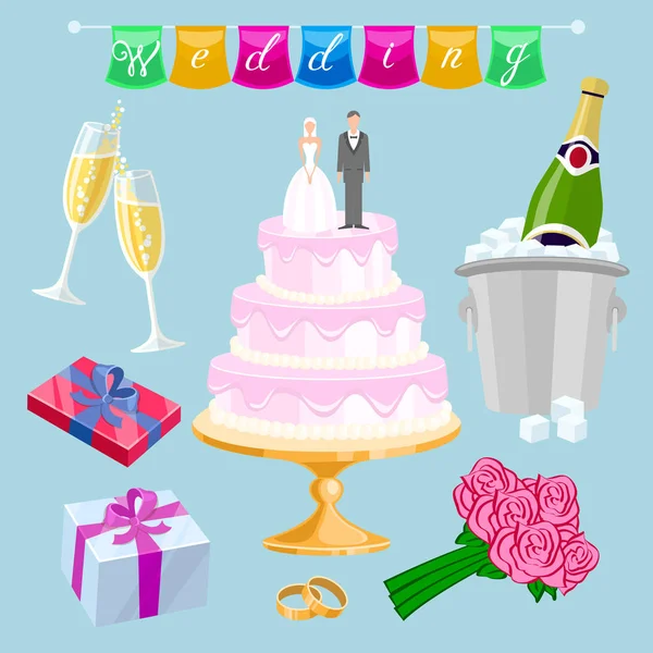 Nastavte svatební dort s pár vektoru. Novomanželé, brýle, šampaňské, dárky, růže, květiny, prsteny, nápis, vlajky, streaming — Stockový vektor