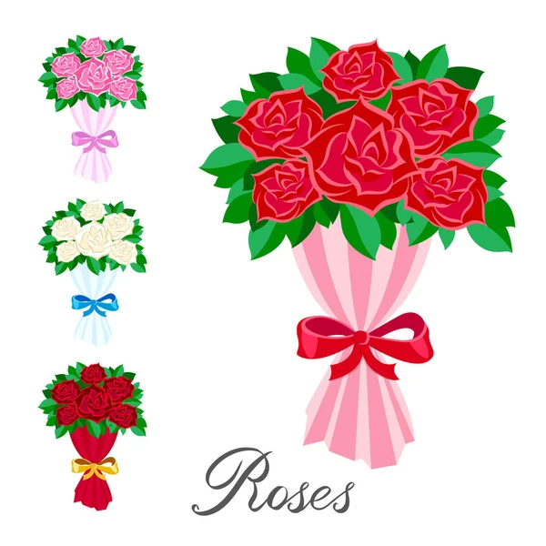 Elementy wektor zestaw bukiet róż czerwony, różowy, biały i szkarłat płaski. Odręczny napis rose — Wektor stockowy
