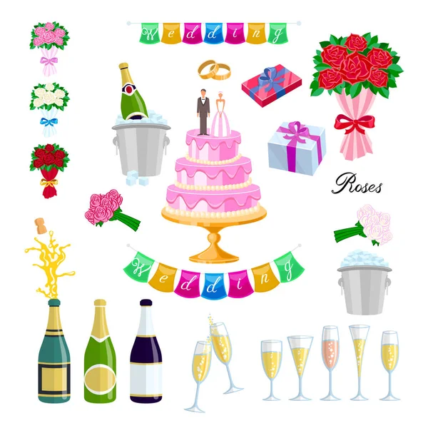 Set Wedding cake with couple vector. Newlyweds, glasses, champagne, gifts, roses, flowers, rings, inscription, flags, streaming — Stock Vector