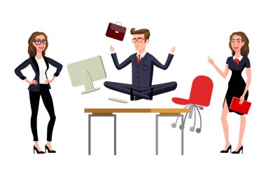 Yorgun çalışanın ofis çalışma masası üzerinde meditasyon. Gevşeme işyerinde.