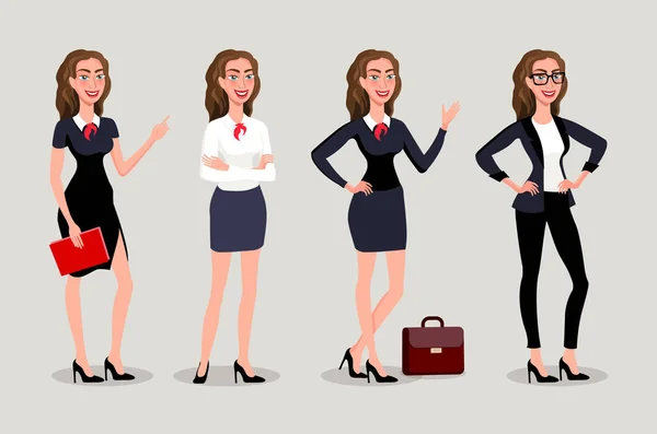 Vector illustration isolatede. Elegant pretty business woman in formal clothes. Base wardrobe, feminine corporate dress code. Collection of full length portraits of business woman. — Stock Vector