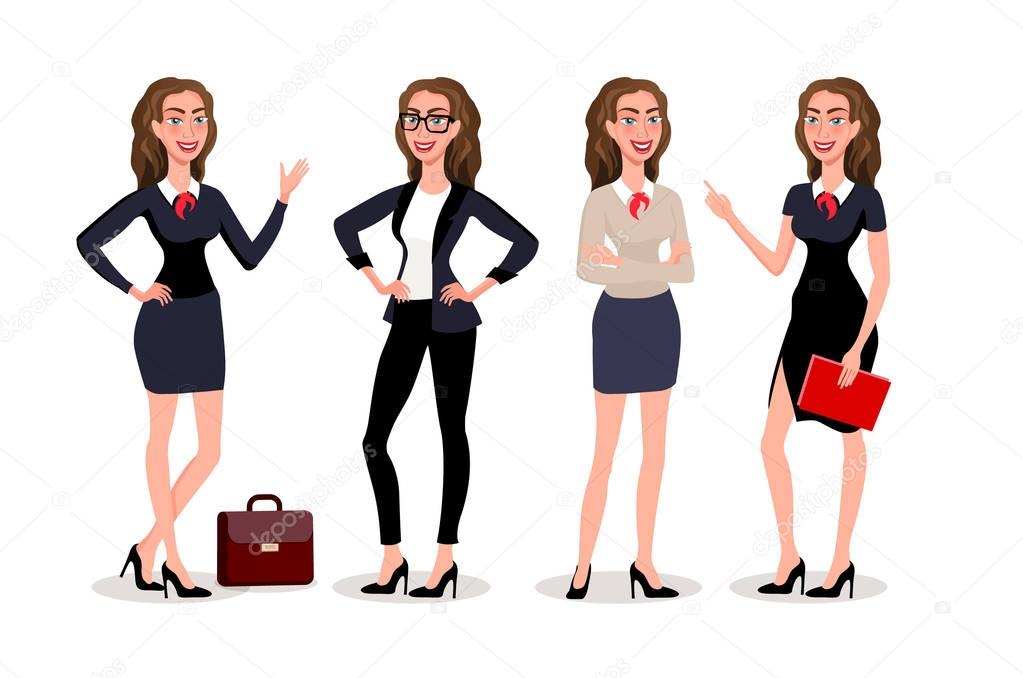 Business womens dialogue. Vector illustration isolatede. Elegant pretty business woman in formal clothes. Base wardrobe, feminine corporate dress code