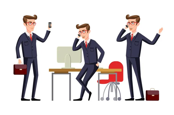 Üzletember egy irodai munkahelyeken ül egy asztal, és beszél a mobiltelefon. Vektoros illusztráció. telefon — Stock Vector