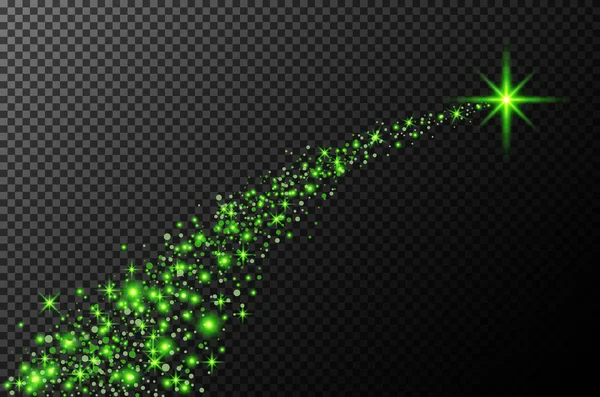 Zelené třpytivé hvězdné prachové stopy třpytících se částic na průhledném pozadí. Průhledná třpytivá vlna. Ocas vesmírné komety. Vektorové kouzlo módní ilustrace pro zářící pozdrav backgroung. — Stockový vektor