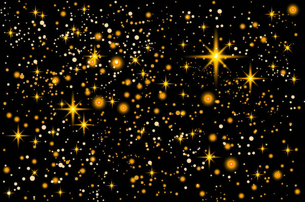 space. Christmas, new year card template with abstract golden star shaped confetti background. cosmos