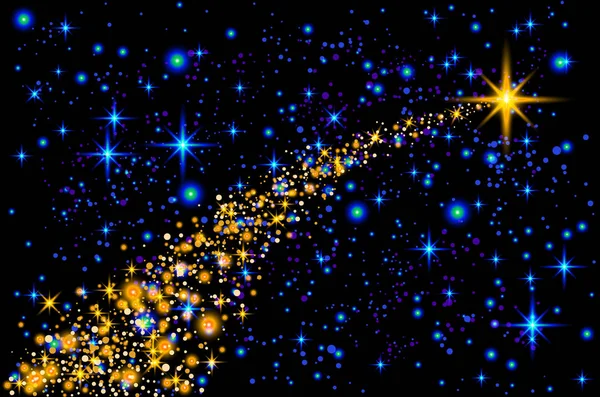 Abstracte heldere vallende ster - Christmas Star - Shooting Star met fonkelende ster parcours op donker blauwe achtergrond - meteoroïde, komeet, asteroïde - achtergrond vectorillustratie — Stockvector