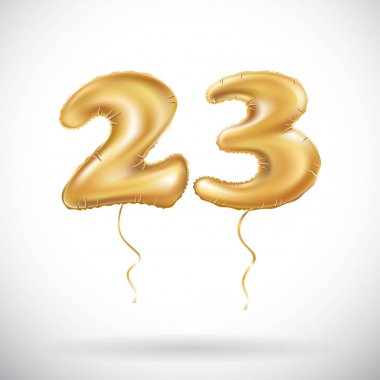 23 doğum günü kutlaması altın balonlar ve renkli konfeti pırıltılar ile vektör. tebrik kartı, doğum günü davetiyesi ve yirmi üç yıl kutlama partisi için 3D çizim tasarım