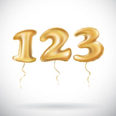 Bir iki üç golden numaraları Sisme Balonlar beyaz arka plan üzerinde izole yapılmış. 123 helyum balonları vektör