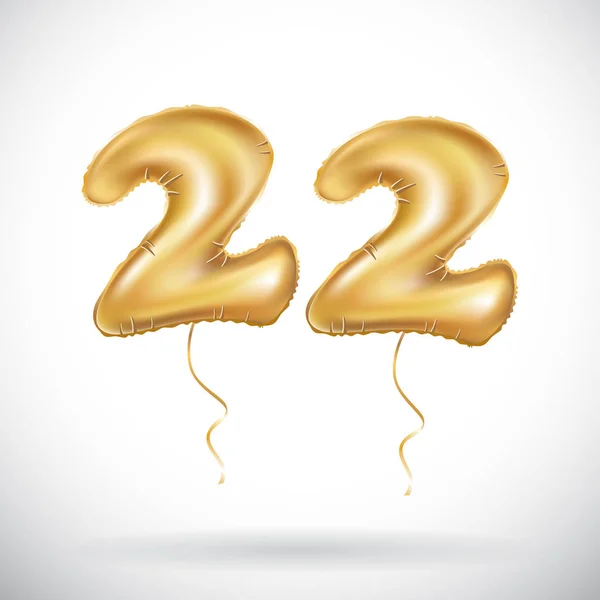 22-Jahr-Feier mit leuchtenden goldenen Luftballons & buntem Konfetti. Zweiundzwanzig 3D-Illustration Design für Ihre einzigartige Jahrestag Hintergrund, Einladung, Karte, Feier Party — Stockvektor