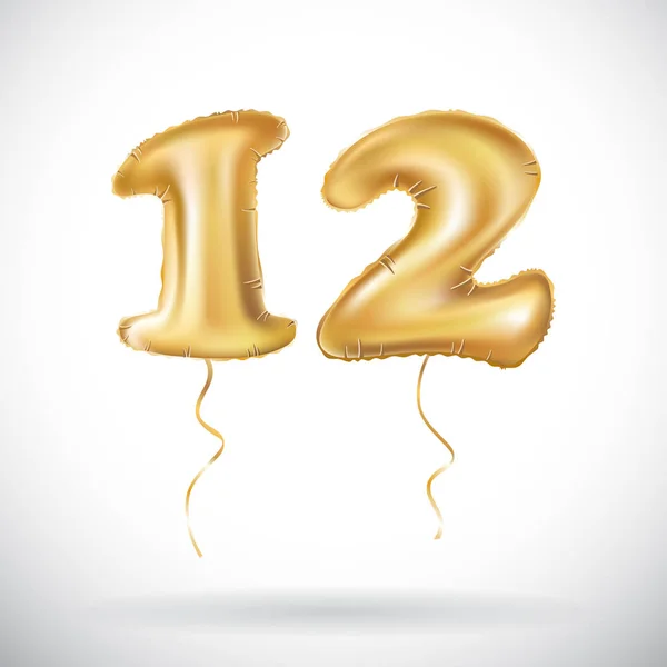 Vector 12 Anniversary celebration met briljante gouden ballonnen & kleurrijke levend confetti. twaalf 3D-afbeelding ontwerp voor uw unieke verjaardag achtergrond, uitnodiging, kaart, viering partij de — Stockvector