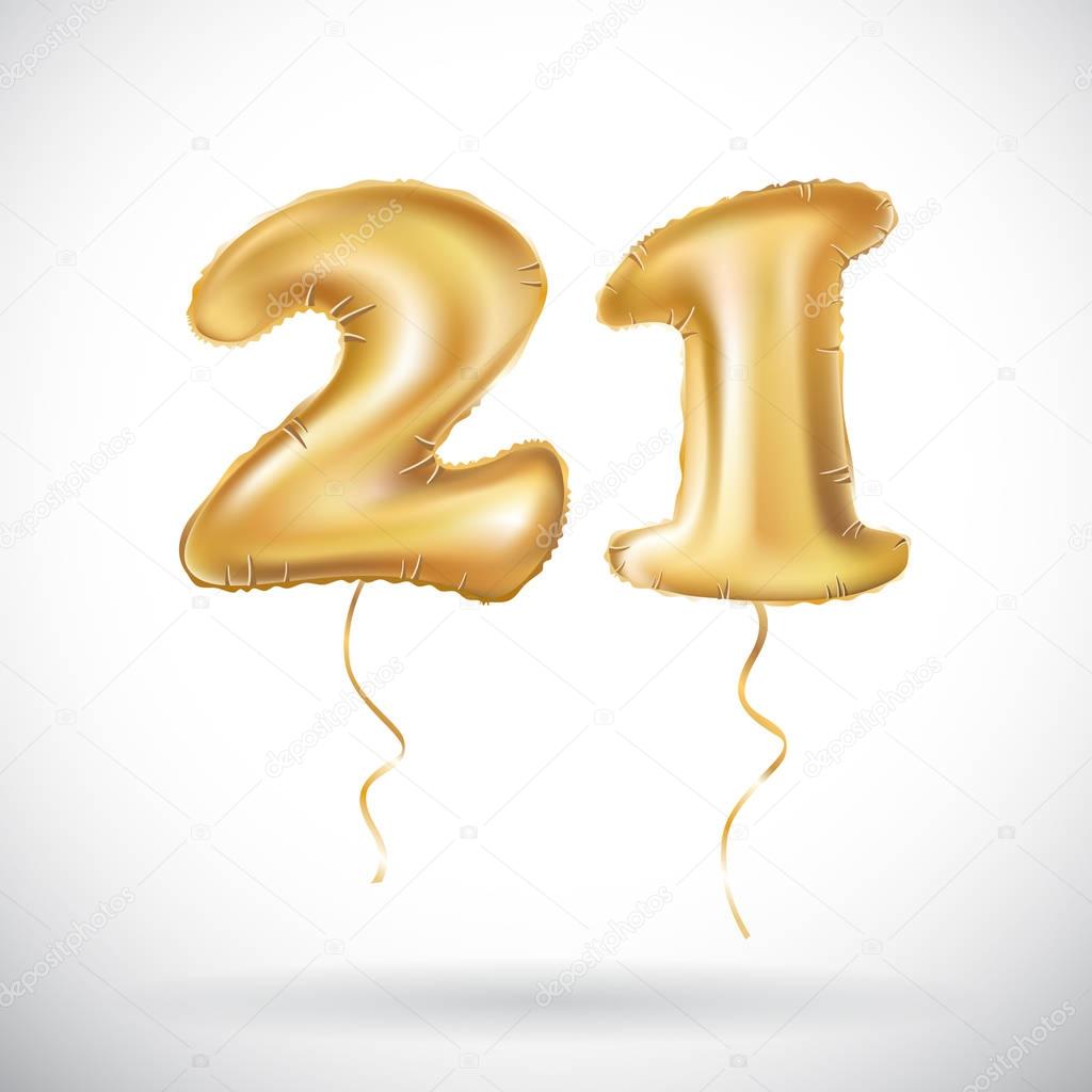 Golden number twenty one metallic balloon. Party decoration golden balloons. Anniversary sign for happy holiday, celebration, birthday, carnival, new year. 21 Metallic design balloon.