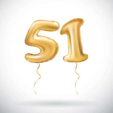 Altın sayı 51 elli bir metalik balon vektör. Parti dekorasyon altın balonlar. Mutlu tatil, kutlama, doğum günü, karnaval, yeni yıl yıldönümü işareti.