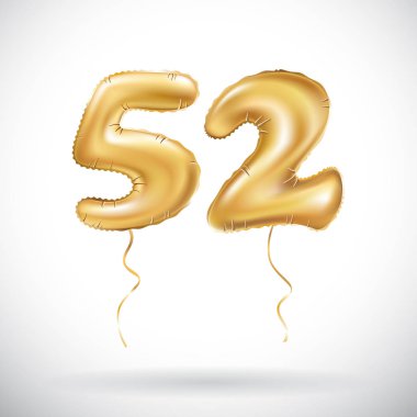 Altın sayı 52 elli iki metalik balon vektör. Parti dekorasyon altın balonlar. Mutlu tatil, kutlama, doğum günü, karnaval, yeni yıl yıldönümü işareti.