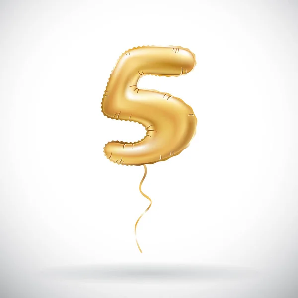 Vettore Golden 5 numero cinque palloncino metallico. Decorazione partito palloncini d'oro. Segno di anniversario per la festa felice, celebrazione, compleanno, carnevale, nuovo anno . — Vettoriale Stock