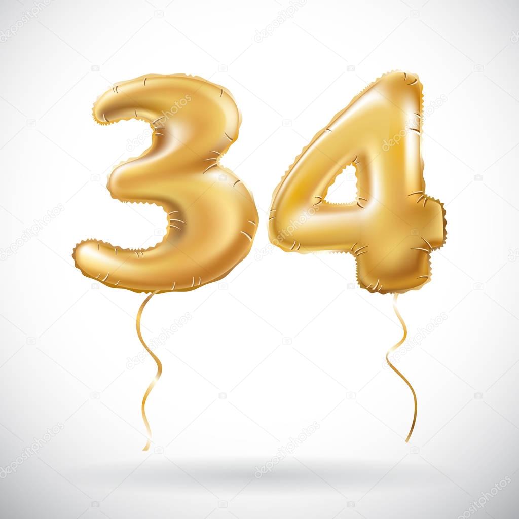 Vector Golden 34 number thirty four metallic balloon. Party decoration golden balloons. Anniversary sign for happy holiday, celebration, birthday, carnival, new year. art