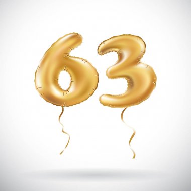 Altın sayı 63 altmış üç metalik balon vektör. Parti dekorasyon altın balonlar. Mutlu tatil, kutlama, doğum günü, karnaval, yeni yıl yıldönümü işareti.