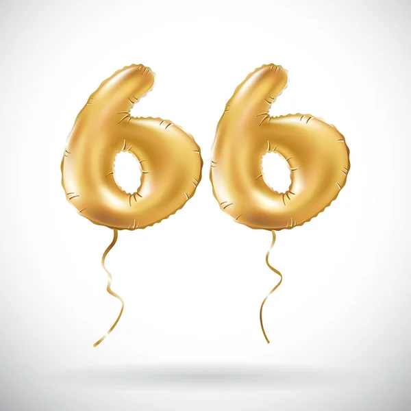 Vettore Golden numero 66 sessantasei palloncino metallico. Decorazione partito palloncini d'oro. Segno di anniversario per la festa felice, celebrazione, compleanno, carnevale, nuovo anno . — Vettoriale Stock