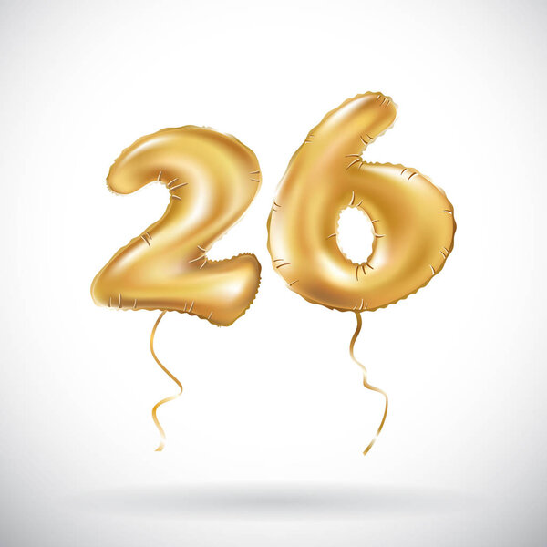 vector Golden number 26 twenty six metallic balloon. Party decoration golden balloons. Anniversary sign for happy holiday, celebration, birthday, carnival, new year.