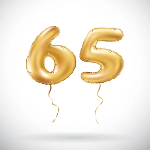 Vetor Golden número 65 sessenta e cinco balão metálico. Festa decoração balões dourados. Sinal de aniversário para férias felizes, celebração, aniversário, carnaval, ano novo . —  Vetores de Stock