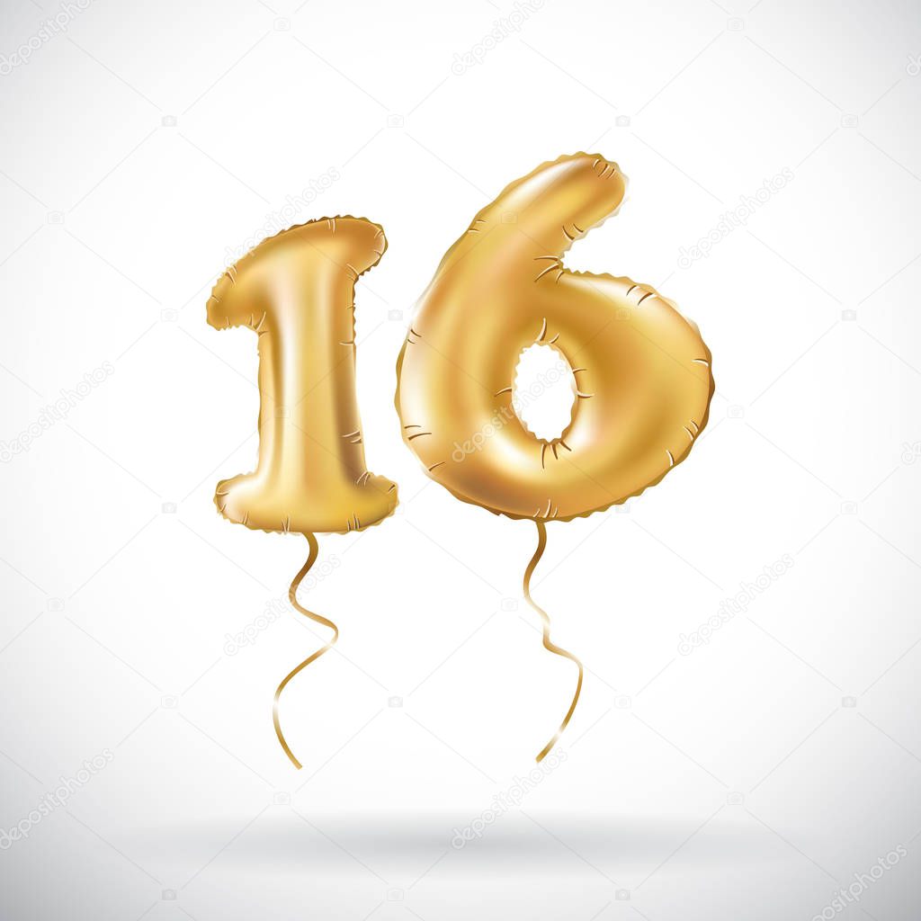 Vector Golden number 16 sixteen metallic balloon. Party decoration golden balloons. Anniversary sign for happy holiday, celebration, birthday, carnival, new year. art