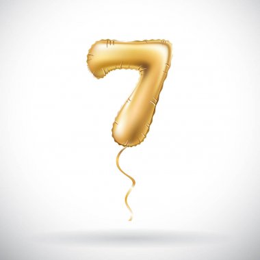 Altın sayı 7 yedi metalik balon vektör. Parti dekorasyon altın balonlar. Mutlu tatil, kutlama, doğum günü, karnaval, yeni yıl yıldönümü işareti.
