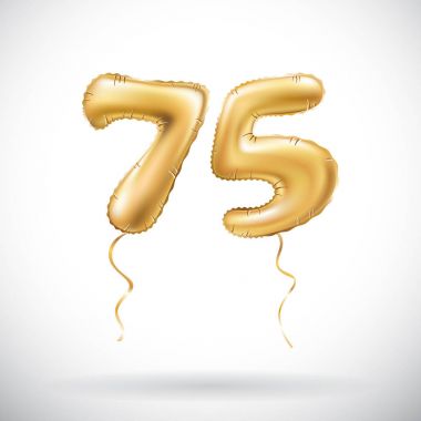 Altın sayı 75 yetmiş beş metalik balon vektör. Parti dekorasyon altın balonlar. Mutlu tatil, kutlama, doğum günü, karnaval, yeni yıl yıldönümü işareti.