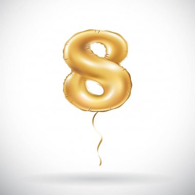 Altın sayı 8 sekiz metalik balon vektör. Parti dekorasyon altın balonlar. Mutlu tatil, kutlama, doğum günü, karnaval, yeni yıl yıldönümü işareti.