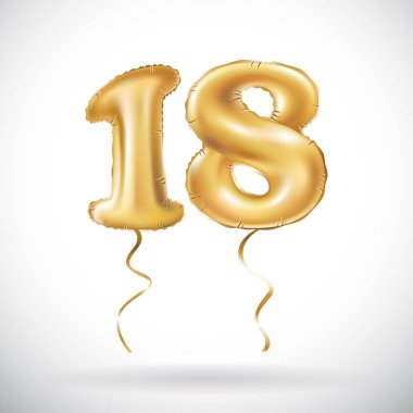 Altın sayı 18 on sekiz metalik balon vektör. Parti dekorasyon altın balonlar. Mutlu tatil, kutlama, doğum günü, karnaval, yeni yıl yıldönümü işareti.