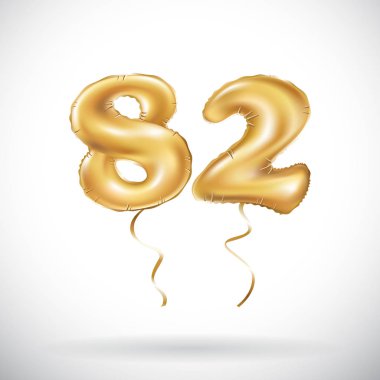 Altın sayı 82 seksen iki metalik balon vektör. Parti dekorasyon altın balonlar. Mutlu tatil, kutlama, doğum günü, karnaval, yeni yıl yıldönümü işareti.