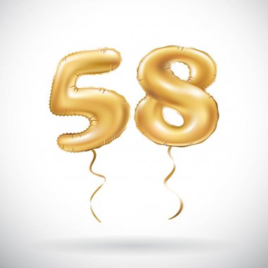 Altın sayı 58 elli sekiz metalik balon vektör. Parti dekorasyon altın balonlar. Mutlu tatil, kutlama, doğum günü, karnaval, yeni yıl yıldönümü işareti.