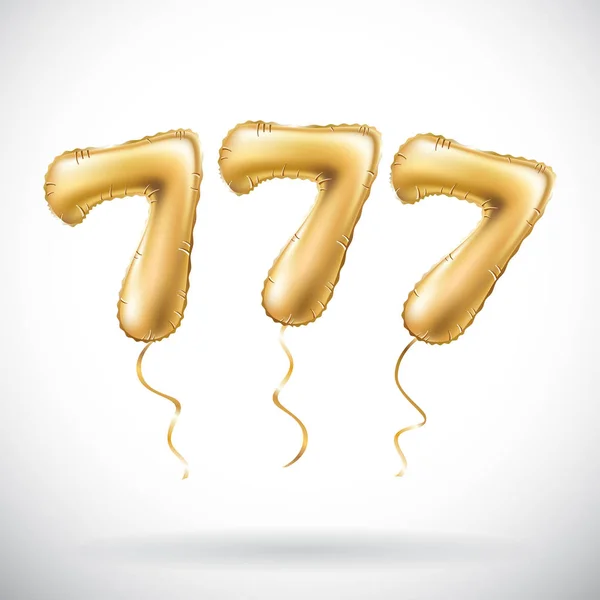 Vector Número dorado 777 Setecientos siete globos metálicos. Decoración fiesta globos dorados. Signo de aniversario para feliz día festivo, celebración, cumpleaños, carnaval, año nuevo. Tres ejes — Archivo Imágenes Vectoriales