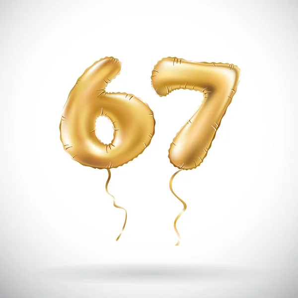 Vector Golden number 67 sixty seven metallic balloon. Party decoration golden balloons. Anniversary sign for happy holiday, celebration, birthday, carnival, new year. — Stock Vector