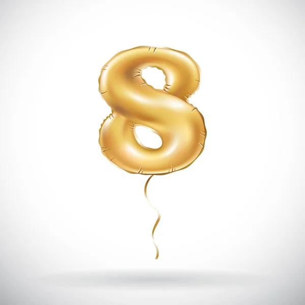 Vettore Golden numero 8 otto palloncino metallico. Decorazione partito palloncini d'oro. Segno di anniversario per la festa felice, celebrazione, compleanno, carnevale, nuovo anno . — Vettoriale Stock