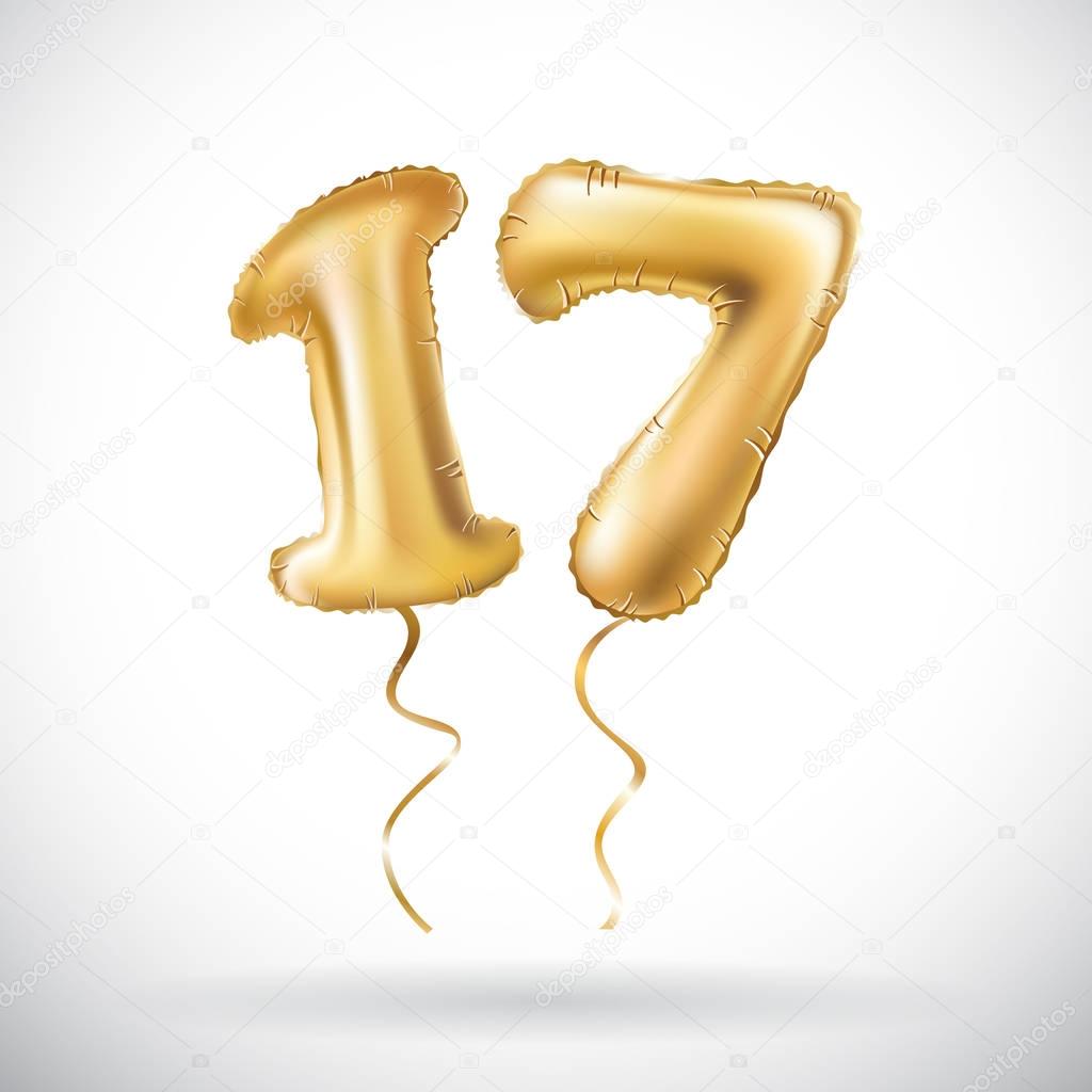 Vector Golden number 17 seventeen metallic balloon. Party decoration golden balloons. Anniversary sign for happy holiday, celebration, birthday, carnival, new year. art