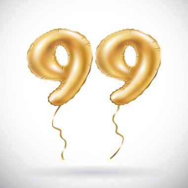 Altın sayı 99 doksan dokuz metalik balon vektör. Parti dekorasyon altın balonlar. Mutlu tatil, kutlama, doğum günü, karnaval, yeni yıl yıldönümü işareti.