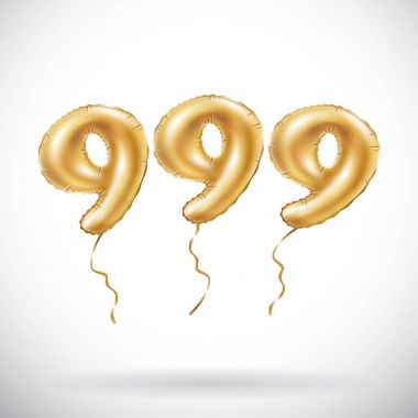 Altın sayı 999 dokuz yüz doksan dokuz metalik balon vektör. Parti dekorasyon altın balonlar. Mutlu tatil, kutlama, doğum günü, karnaval, yeni yıl yıldönümü işareti.