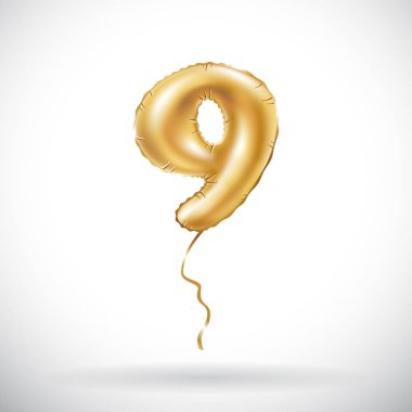 Altın sayı 9 dokuz metalik balon vektör. Parti dekorasyon altın balonlar. Mutlu tatil, kutlama, doğum günü, karnaval, yeni yıl yıldönümü işareti.