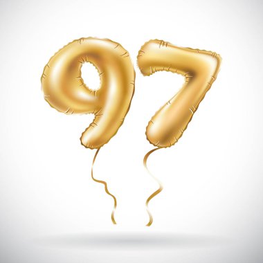 Altın sayı 97 doksan yedi metalik balon vektör. Parti dekorasyon altın balonlar. Mutlu tatil, kutlama, doğum günü, karnaval, yeni yıl yıldönümü işareti.