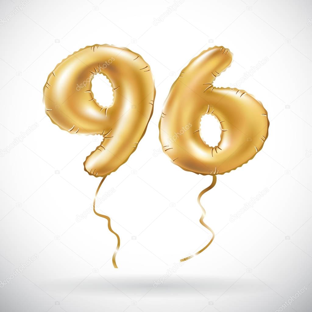 Vector Golden number 96 ninety six metallic balloon. Party decoration golden balloons. Anniversary sign for happy holiday, celebration, birthday, carnival, new year. art