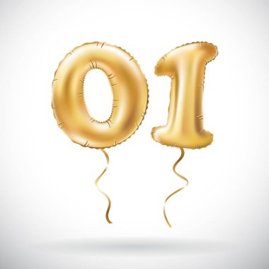 Altın sayı 01 sıfır bir metalik balon vektör. Parti dekorasyon altın balonlar. Mutlu tatil, kutlama, doğum günü, karnaval, yeni yıl yıldönümü işareti.