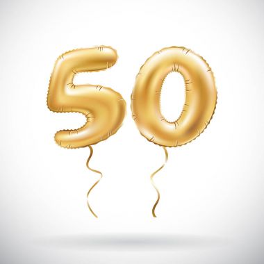 Altın sayı 50 elli metalik balon vektör. Parti dekorasyon altın balonlar. Mutlu tatil, kutlama, doğum günü, karnaval, yeni yıl yıldönümü işareti.