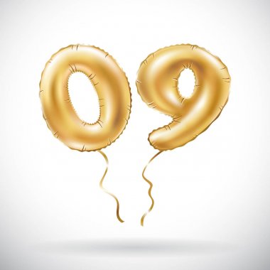 Altın sayı 0 9 dokuz sıfır metalik balon vektör. Parti dekorasyon altın balonlar. Mutlu tatil, kutlama, doğum günü, karnaval, yeni yıl yıldönümü işareti.