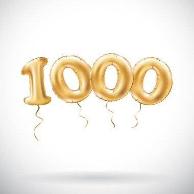 Altın sayı 1000 bin metalik balon vektör. Parti dekorasyon altın balonlar. Mutlu tatil, kutlama, doğum günü, karnaval, yeni yıl yıldönümü işareti.