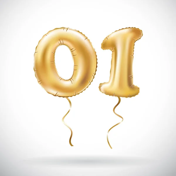 Vettore Numero d'oro 01 Zero uno palloncino metallico. Decorazione partito palloncini d'oro. Segno di anniversario per la festa felice, celebrazione, compleanno, carnevale, nuovo anno . — Vettoriale Stock