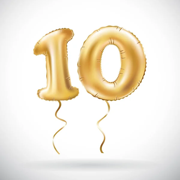 Vektor zlaté číslo 10 deset kovový balón. Party dekorace zlaté bubliny. Výročí znamení pro příjemné svátky, oslavy, narozeniny, karneval, nový rok. — Stockový vektor