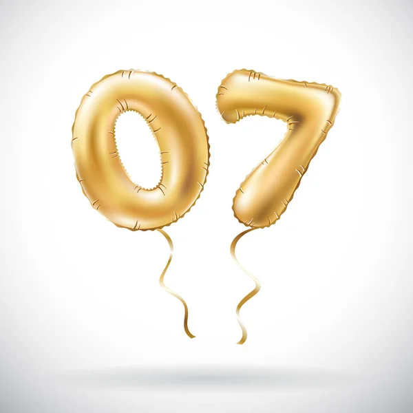 Vector Golden número 0 7 cero siete globo metálico. Decoración fiesta globos dorados. Signo de aniversario para feliz día festivo, celebración, cumpleaños, carnaval, año nuevo . — Archivo Imágenes Vectoriales