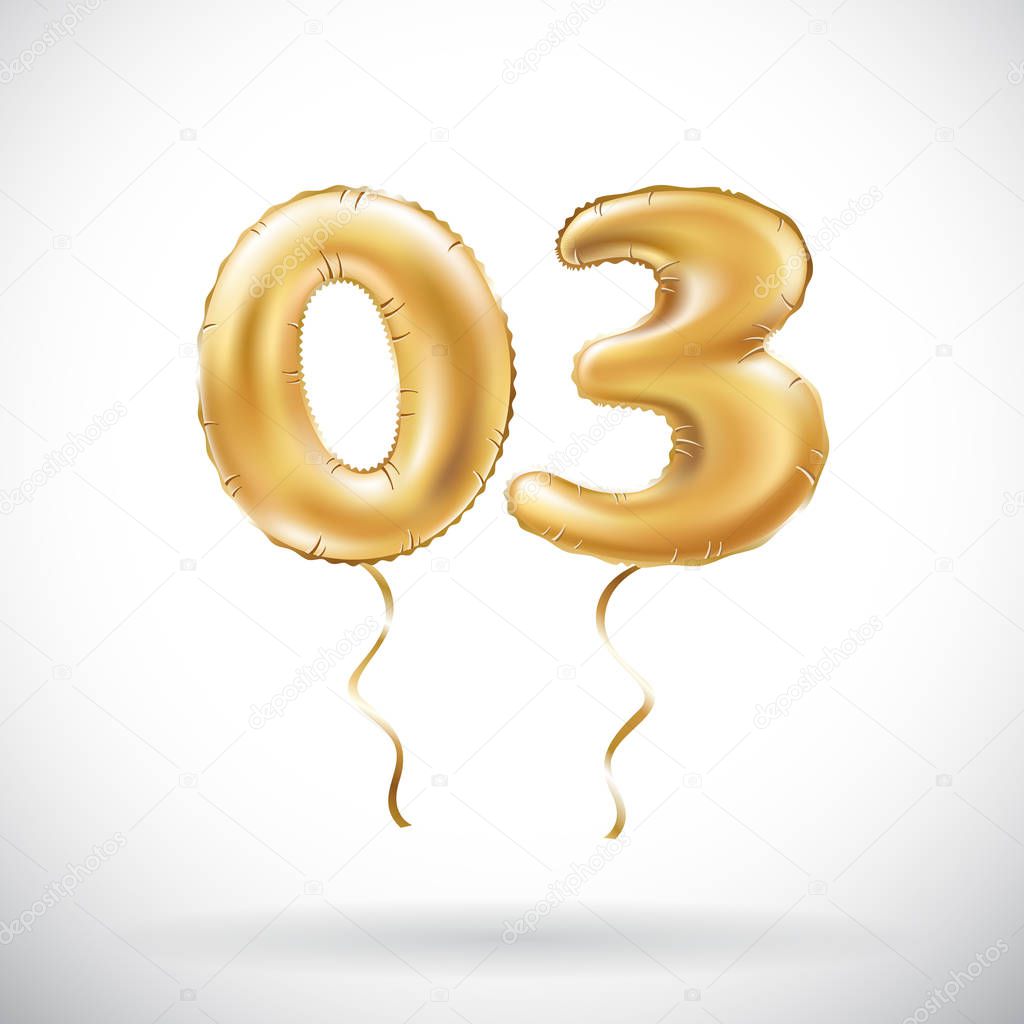 vector Golden number 03 Zero three metallic balloon. Party decoration golden balloons. Anniversary sign for happy holiday, celebration, birthday, carnival, new year.